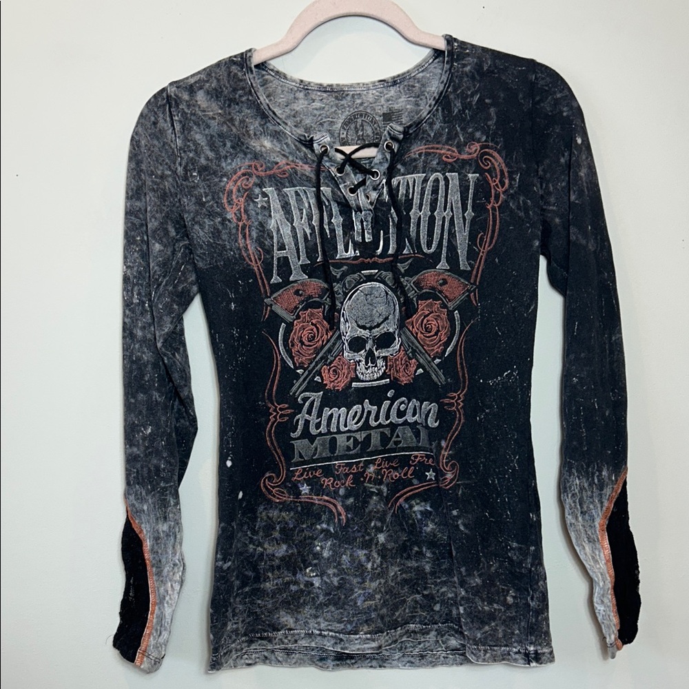 Y2K Affliction Black and Gray Skull Graphic Long Sleeve Top